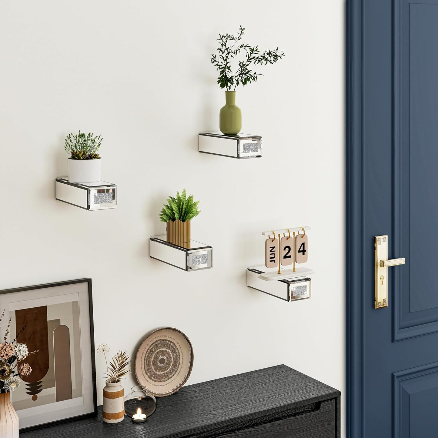 Blingworld Mirrored Floating Wall Shelves Set of 4 – Glass Display Silver