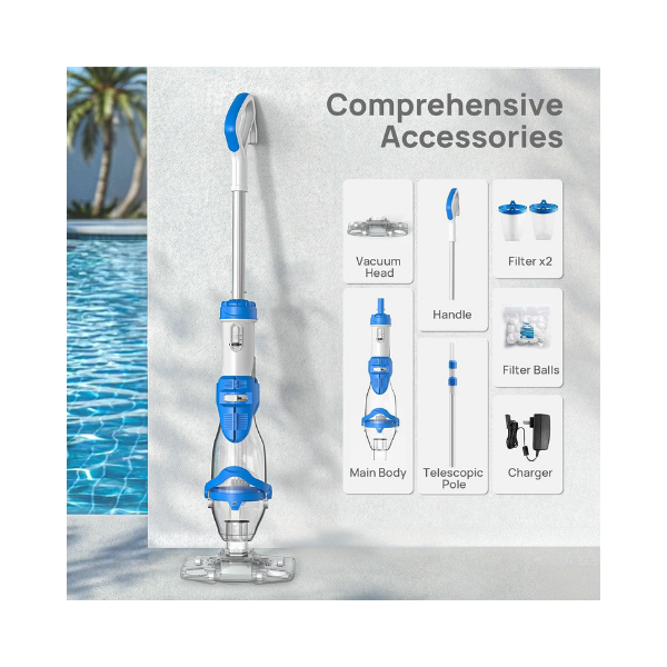 Consciot Cordless 1320 GPH Pool Vacuum Cleaner 22 GPM Rechargeable Handheld 22PC Pool Cleaner with 7.3FT Telescopic Pole, 2L Debris Capacity & 60-Min Runtime
