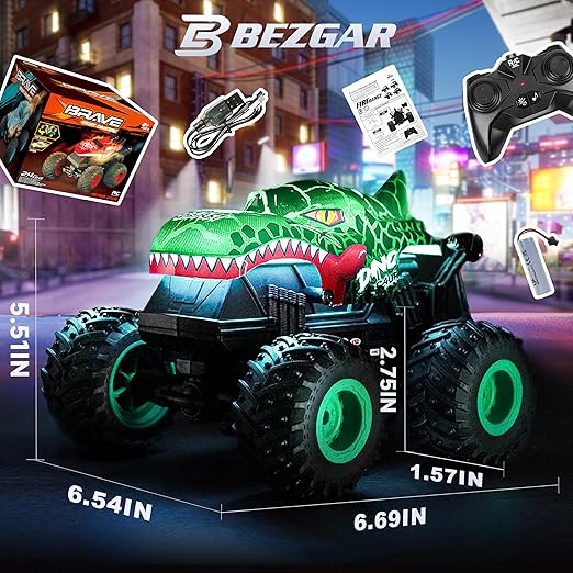 BEZGAR RC Dinosaur Monster Truck - 2.4GHz Stunt Car with Lights, 360 Rotate