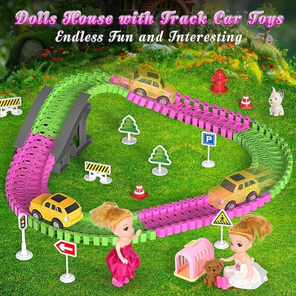 Mastom Princess Dollhouse with Car Track & 200+ Accessories - Pink Castle