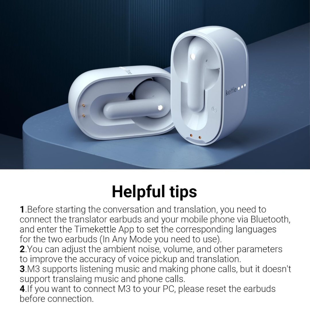 Timekettle M3 Translator Earbuds, Real-Time Voice Translation, White