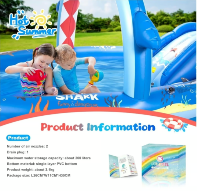 SULIFEEL Shark Inflatable Kiddie Pool with Slide & Sprinkler, 8ft