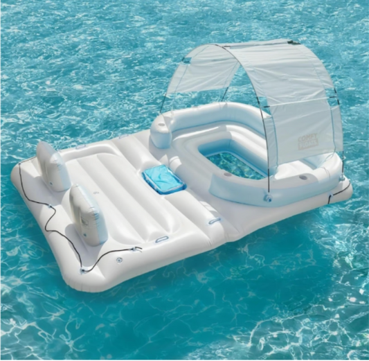 4 Person Inflatable Party Island with Sun Shade & Cup Holders - Comfy Floats