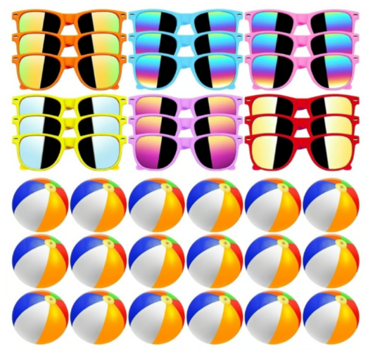 Bulk Beach Party Favors - 30 Neon Sunglasses & 30 Beach Balls for Kids