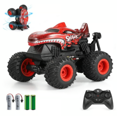 2.4Ghz RC Shark Monster Truck with Music & Lights, Stunt Capable (Red)