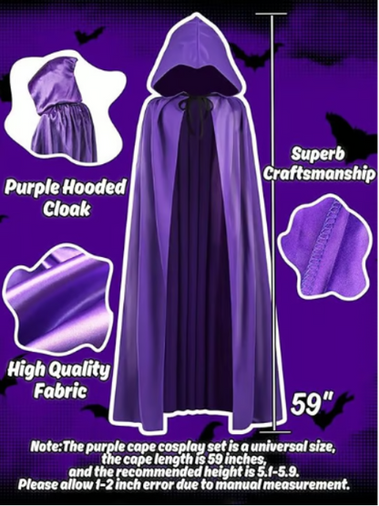 Women's Purple Anime Cosplay Costume Set w/ Cape, Wig, Belt, & Gloves - Hallowee