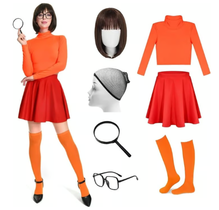 Halloween Costume Turtleneck Crop Top, Skater Skirt, Brown Wig, + Accessories