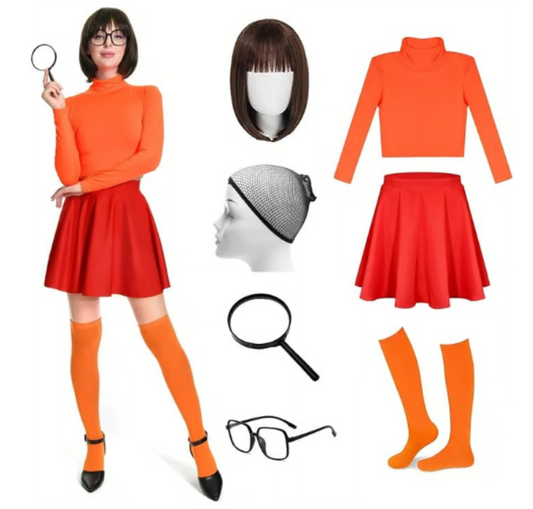 Halloween Costume Turtleneck Crop Top, Skater Skirt, Brown Wig, + Accessories