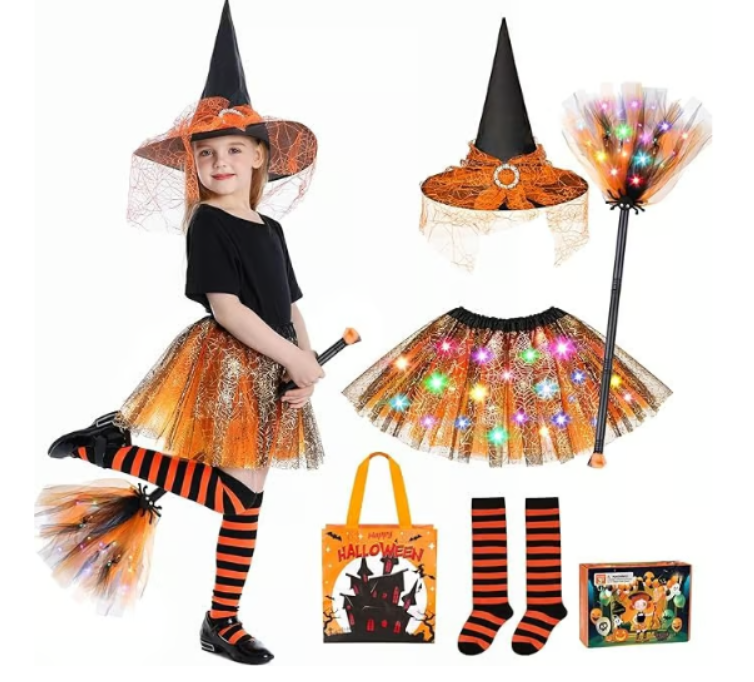 Jeowoqao Light Up Witch Costume for Girls Halloween Dress, Skirt & Accessories