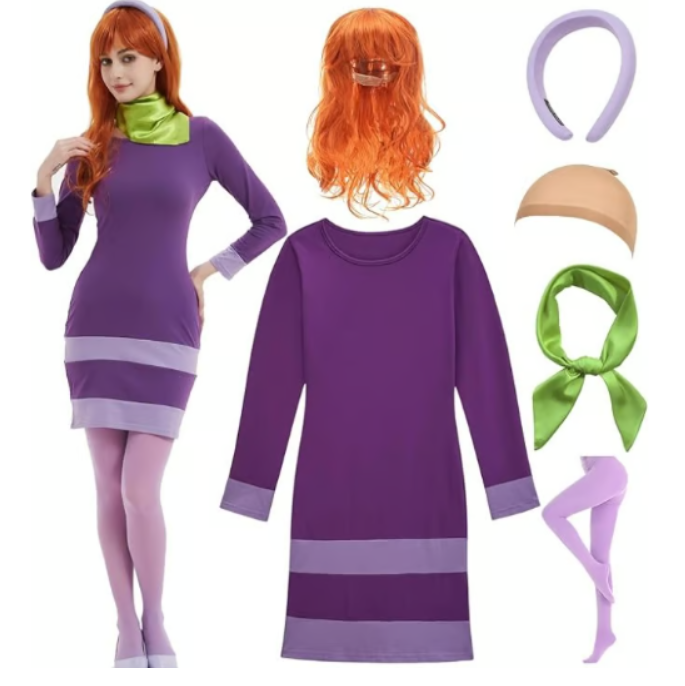 Women's Purple Mini Dress Halloween Costume Medium Set with Headband & Wig