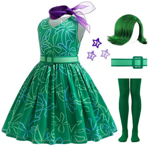 Girls Green Disgust Costume 5-6 Years with Wig, Tights & Ribbon Halloween Outfit