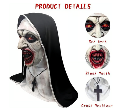 Realistic Evil Nun Mask with Headscarf - Scary Full Head Halloween Costume