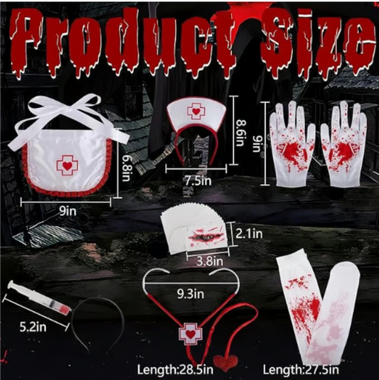 Bloody Nurse Costume Set Women - Apron, Gloves, Syringe, Tattoos, Headband