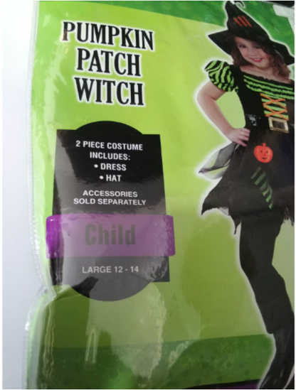 Halloween Costume Pumpkin Patch Witch Cosplay Hat & Dress Kids Large 12-14