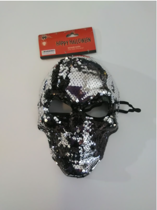 Halloween Sequin Gray & Black Skull Costume Mask 10"/6.5"/3