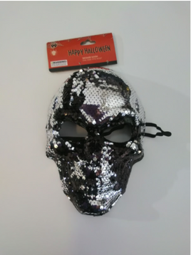 Halloween Sequin Gray & Black Skull Costume Mask 10"/6.5"/3