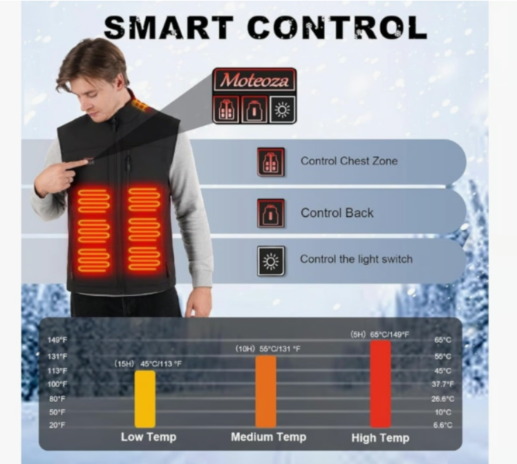 Moteoza Men's Heated Vest, Dual Controls, 3 Levels 10 Hour Battery Pack Large