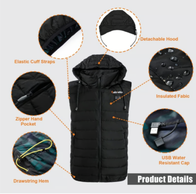 Eskreka Heated Vest: Black Medium Lightweight, Rechargeable, 8-10 Hours Warmth