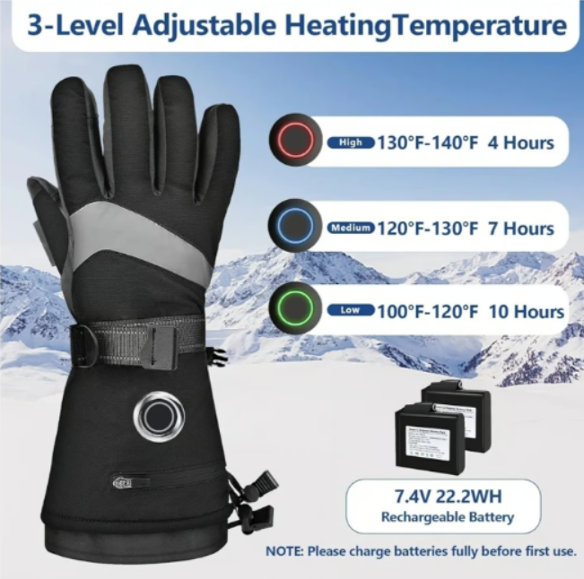 LATITOP Heated Ski Gloves Rechargeable Battery Touchscreen Waterproof 10H Heat