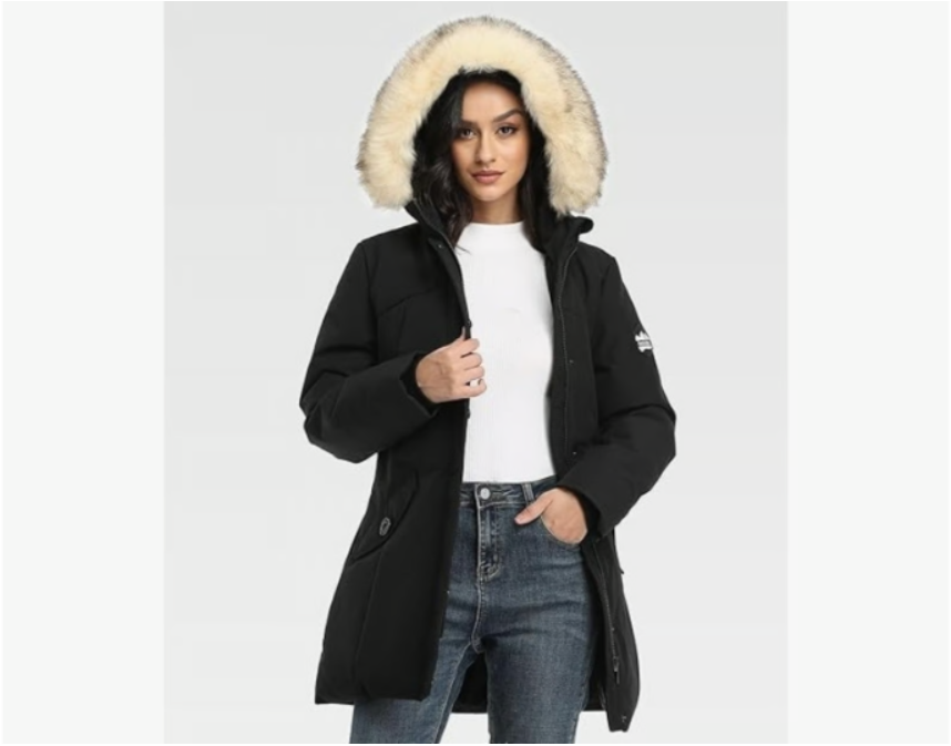 PUREMSX Women Padded Jacket - Warm Winter Fur Hooded Parka Medium Coat