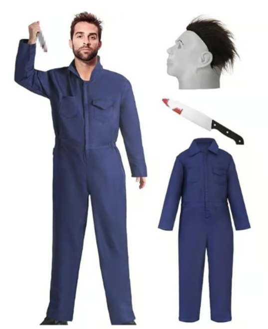 qqpouc Halloween Horror Killer Navy Blue Jumpsuit Costume with Mask & Knife