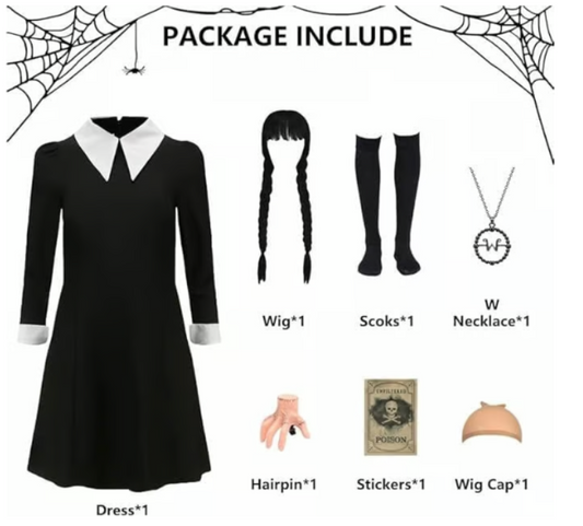 Hitormoon Girls Halloween Costume 7pcs Set - Black Dress, Wig, Necklace & More