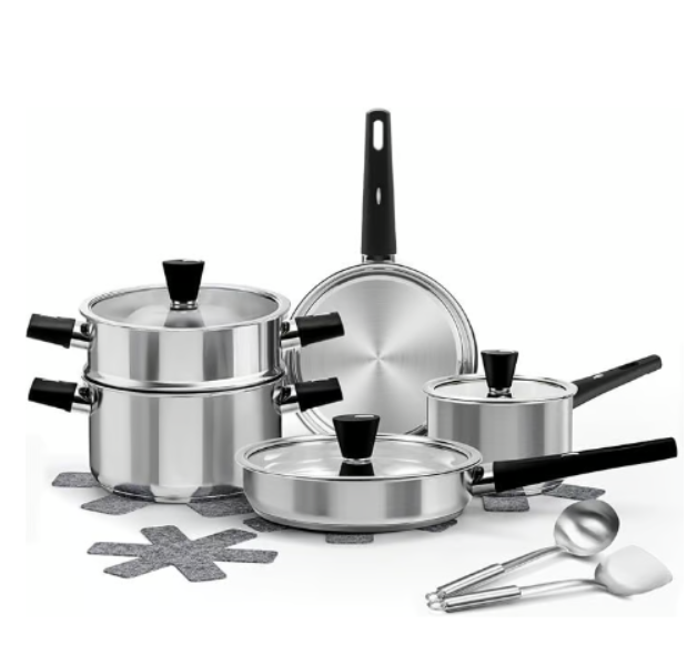 ASKSCICI 14-Piece Non-Stick Stainless Steel Cookware Set - Dishwasher Safe