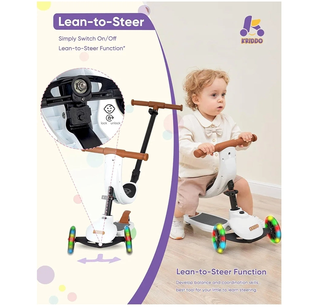 KRIDDO Patinete 5 en 1 para niños, scooter para niños de 1 a 5 años, ruedas  iluminadas LED, altura ajustable, inclinación para conducir, juguete de