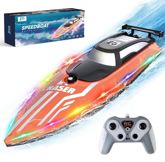 JOI MEW RC Racing Boat with LED Lights & US Flag - Waterproof for Kids