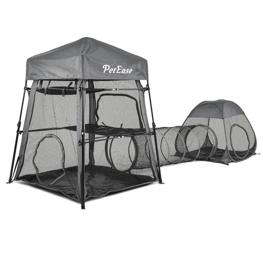 PETEASE 3-in-1 Cat Tower Tent with Tunnel, Outdoor Catio Playpen, Grey