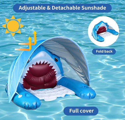 Inflatable Shark Pool Float Chair with Canopy, Cup Holders - X-Large Pool Lounge