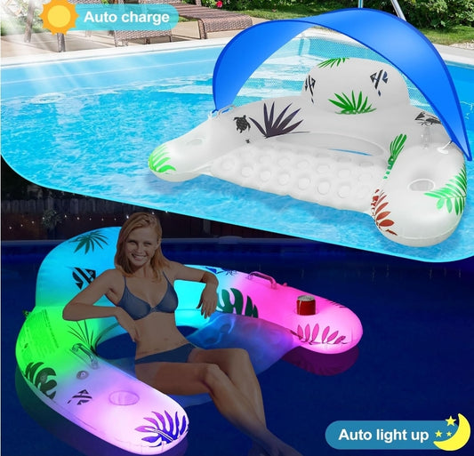 Solar Pool Float with Canopy & Lights - Inflatable Lounge Chair