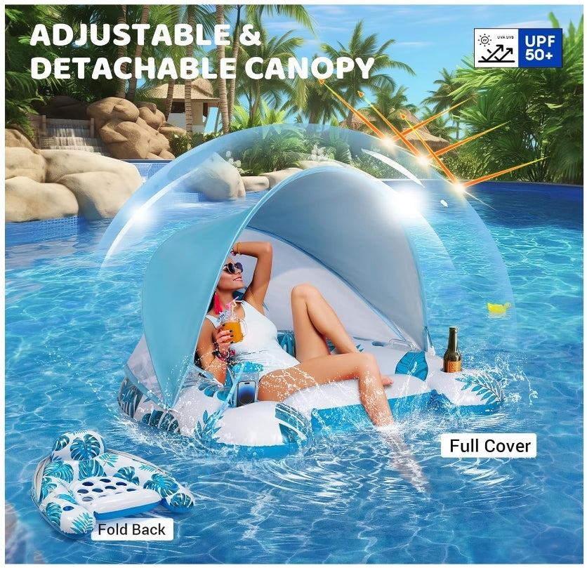 Kucbraly Pool Float + Adjustable Canopy & Cup Holders - XL Floating Beach Chair