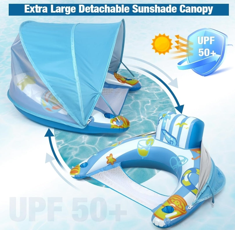 Biange Pool Floats Adult with XL Canopy and Cup Holder - Inflatable Lounger