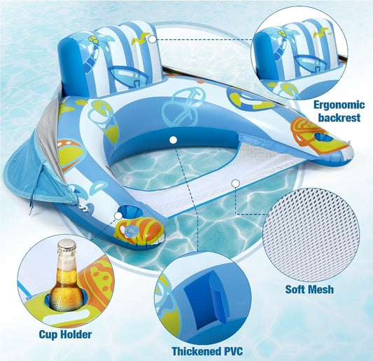 Biange Pool Floats Adult with XL Canopy and Cup Holder - Inflatable Lounger