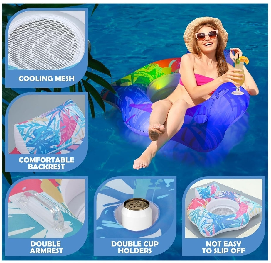 2 Pack Inflatable Pool Floats with Solar Color Changing Lights and Cup Holders