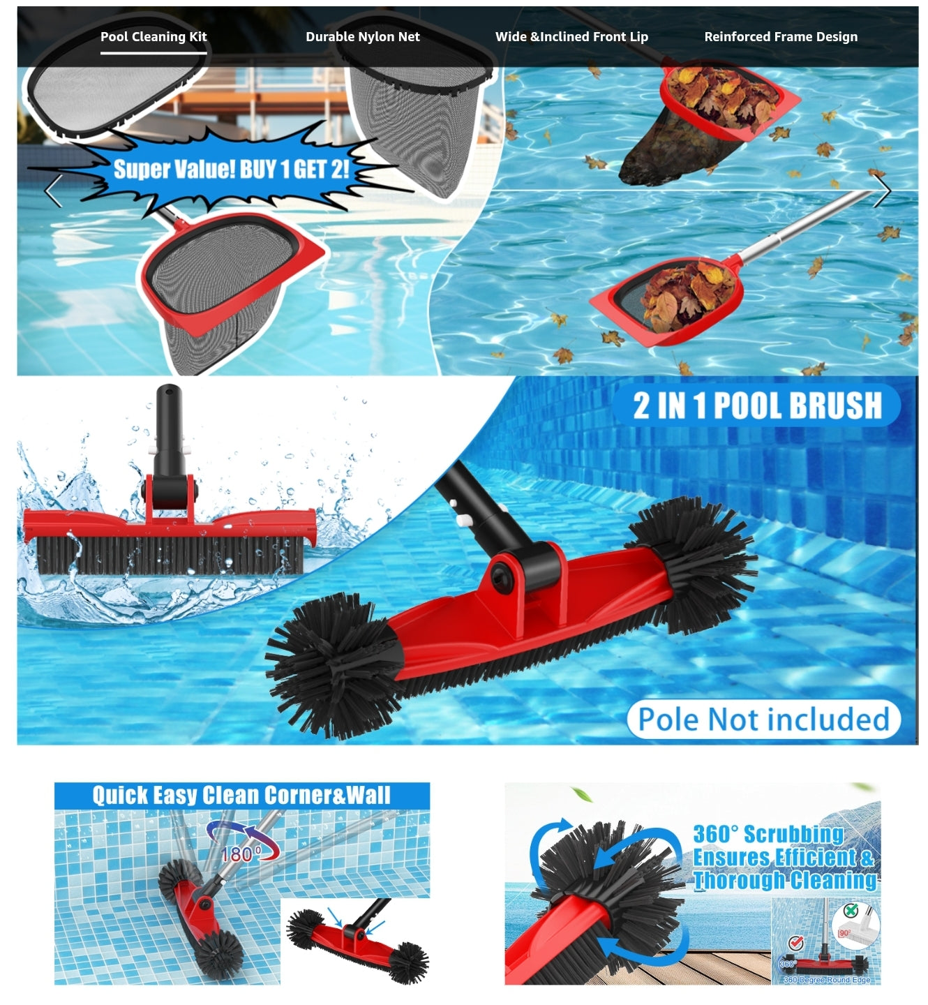 Swimming Pool Cleaning Kit - Replaceable Leaf Skimmer Net & Rotatable Pool Brush