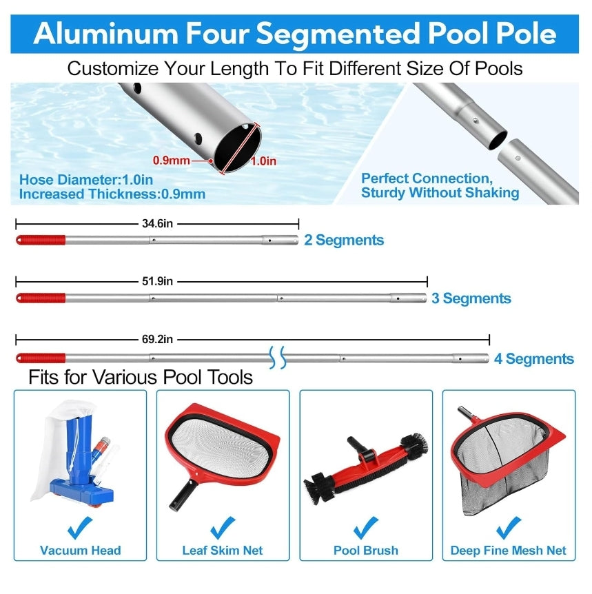 Swimming Pool Cleaning Kit - 5.7 Feet Aluminum Pole, Rotatable Brush, Leaf Rake