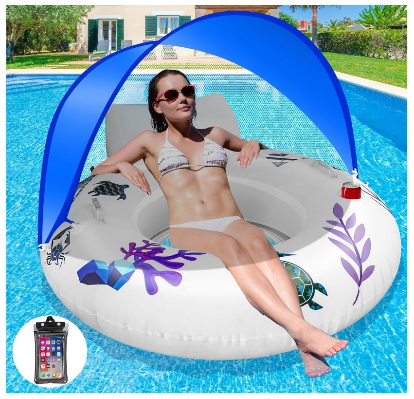 Inflatable Pool Float with Canopy, Cup Holder & Handles - Large Floating Chair