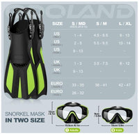 Odoland Kids Snorkel Set Mask, Dry Top Snorkel, + Fins - Anti-Fog & Leak