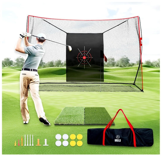 Golf Practice Net Set 10x7 ft - Hitting Mat, PU Balls, Tees, Gloves, Carry Bag