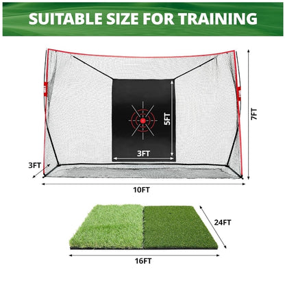 Golf Practice Net Set 10x7 ft - Hitting Mat, PU Balls, Tees, Gloves, Carry Bag