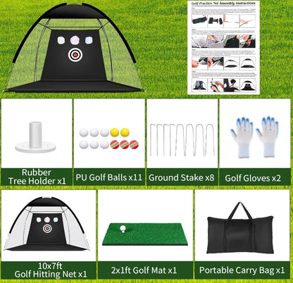 10x7ft Golf Nets for Backyard Driving - Real Golf Balls & Practice Mat