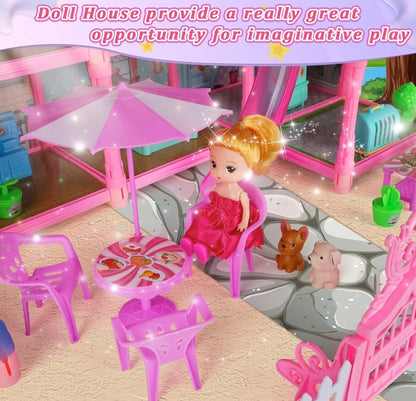 Doll House with Accessories and Furniture, DIY Dollhouse Kit with Dolls, Light