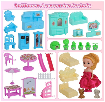 Doll House with Accessories and Furniture, DIY Dollhouse Kit with Dolls, Light