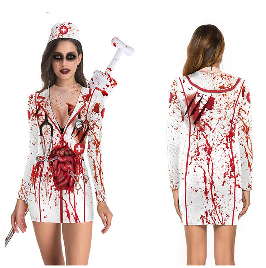 Halloween Horror Blood Nurse Uniform Cosplay Costume Dress Skirt & Stockings