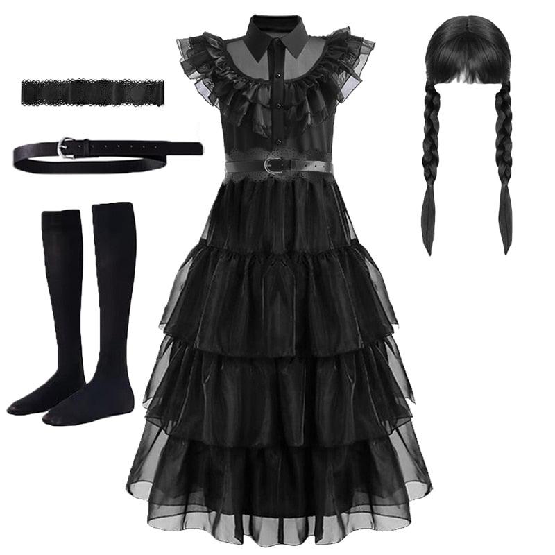 Wednesday Dress for Girls Kids Addams Family Cosplay Costume Outfit 
