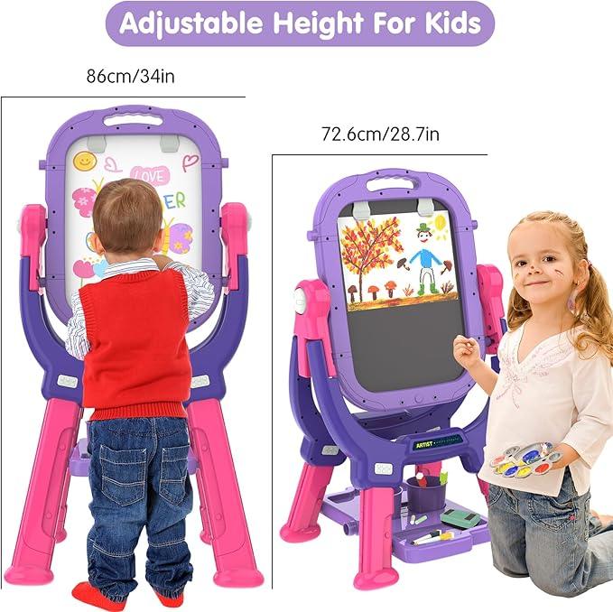 Adjustable Double-Sided Kids Art Easel - 360° Rotatable, Magnetic Boards - Logan's Toy Chest