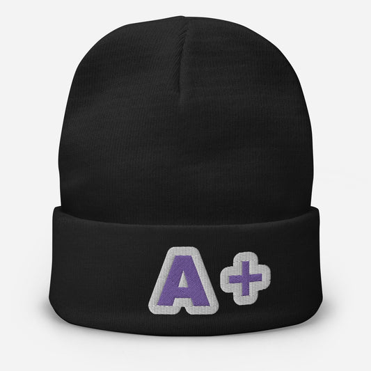 Embroidered A+ Black White & Purple Letter A+ Beanie - Logan's Toy Chest
