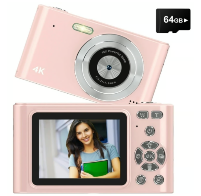 Full HD 48MP 4K Digital Camera, Auto Focus, 16x Zoom, 64GB, Compact, Light Pink - Logan's Toy Chest